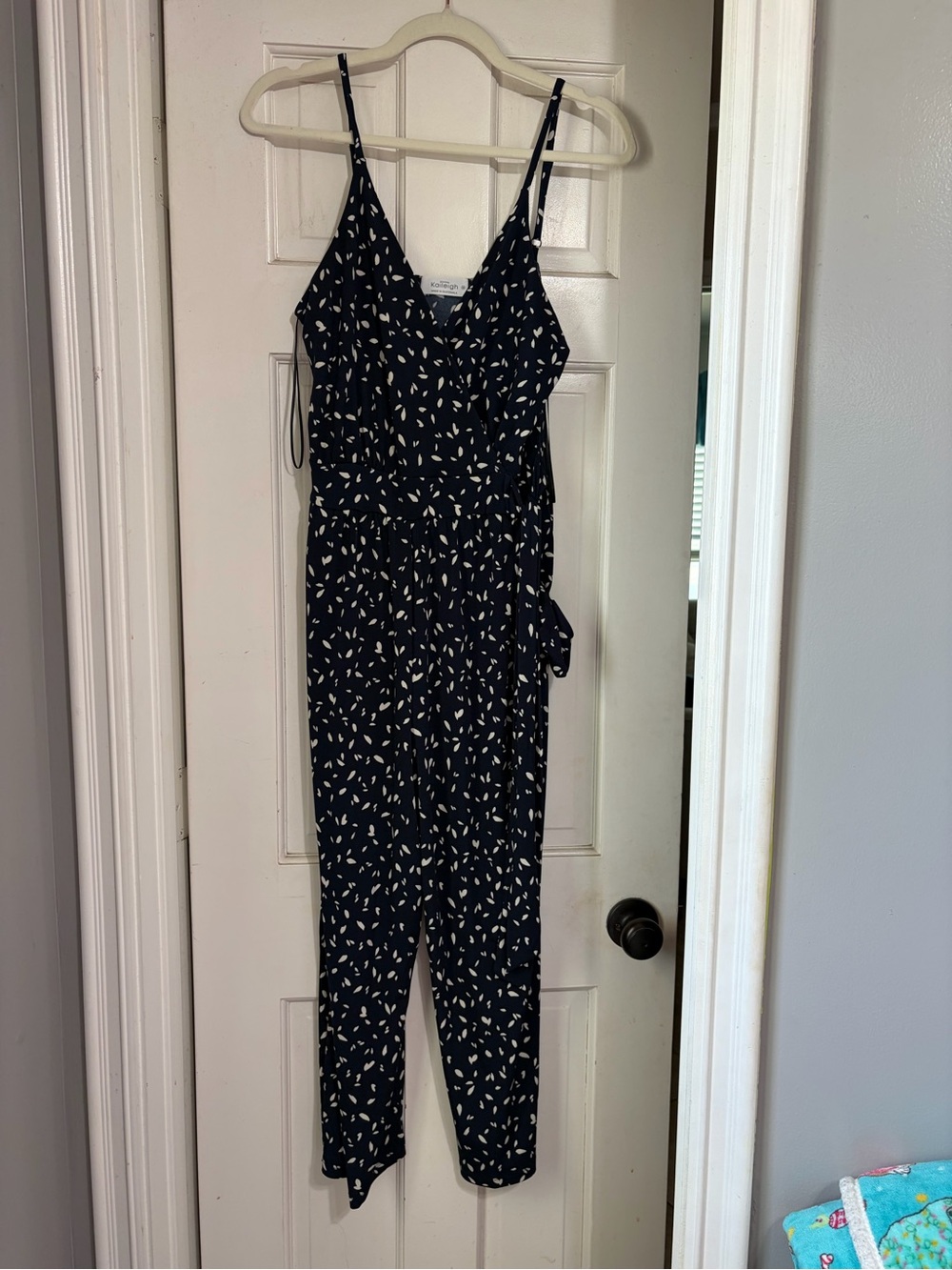 Kaileigh Navy Jumpsuit with Cream Leaf Print